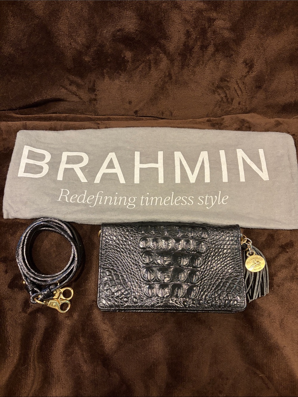 Brahmin Black Croc-Embossed Leather Crossbody with Tassel